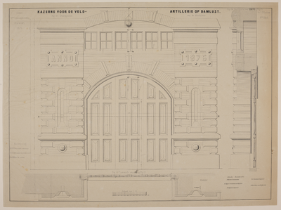 217213 Opstand en doorsneden van de hoofdingang van de kazerne Damlust (Leidseweg) te Utrecht. (8e blad)N.B. De naam ...